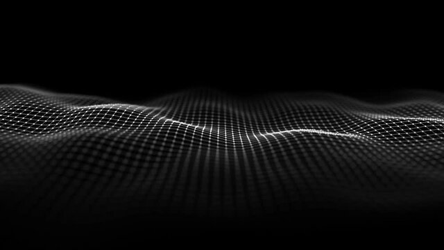 Futuristic digital wave. Dark cyberspace. Abstract wave with dots and line. White moving particles on a black background. 3d rendering.