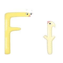 Capital and lowercase letters Ff from the English alphabet in the form of funny and cute cartoon characters of an adult and a kid. Pastel yellow colors. Vector illustration
