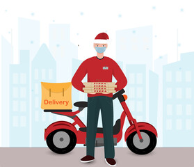 A delivery man in Santa hat with pizza in the hands and scooter, delivery service concept, safe delivery concepr, flat vector illustration