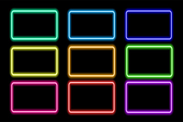 A set of colorful neon frames. Vector illustration of bright rectangular shapes of different colors, glowing in the dark, with an empty space inside for text for a design template. isolated neon borde