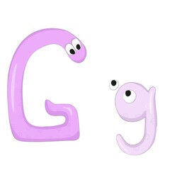 Capital and lowercase letters Gg from the English alphabet in the form of funny and cute cartoon characters of an adult and a kid. Pastel lilac colors. Vector illustration
