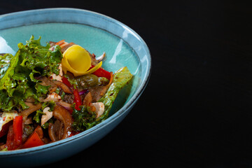 Salad with meat and vegetables on a black background