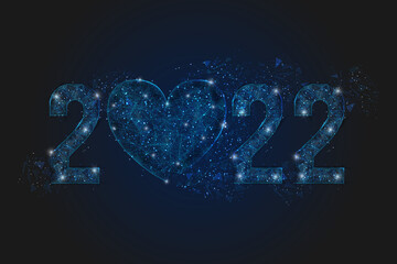 Abstract isolated blue image of new year number 2022 with heart. Polygonal low poly wireframe illustration looks like stars in the blask night sky in spase or flying glass shards. © Katsiaryna