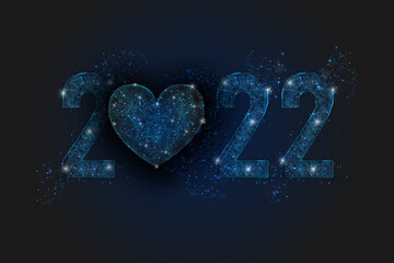 Abstract isolated blue image of new year number 2022 with heart. Polygonal low poly wireframe illustration looks like stars in the blask night sky in spase or flying glass shards. © Katsiaryna