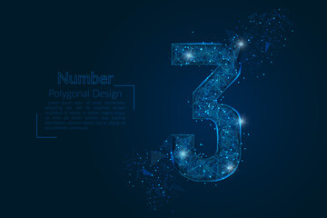 Abstract isolated blue image of a number three. Polygonal illustration looks like stars in the blask night sky in spase or flying glass shards. Digital design for website, web, internet. © Katsiaryna