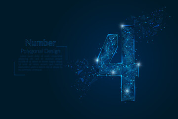 Abstract isolated blue image of a number four. Polygonal illustration looks like stars in the blask night sky in spase or flying glass shards. Digital design for website, web, internet. © Katsiaryna