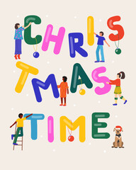 Christmas greeting card. Happy people holding bright letters. vector illustration