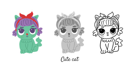 Vector set with cute cat character in colored style, black and white, outline isolated on white. Simple minimalistic cute cats in cartoon style perfect for coloring book. Cute kitty character