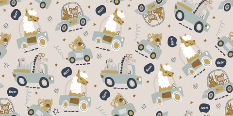 Vector seamless pattern with cute animals driving car, truck - bear, crocodile, giraffe, lama, hippo, monkey, cat, rabbit on light background. childish seamless pattern for boys and girls © tanya