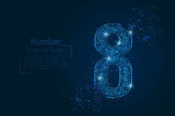 Abstract isolated blue image of a number eight. Polygonal illustration looks like stars in the blask night sky in spase or flying glass shards. Digital design for website, web, internet. © Katsiaryna