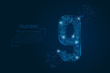 Abstract isolated blue image of a number nine. Polygonal illustration looks like stars in the blask night sky in spase or flying glass shards. Digital design for website, web, internet. © Katsiaryna