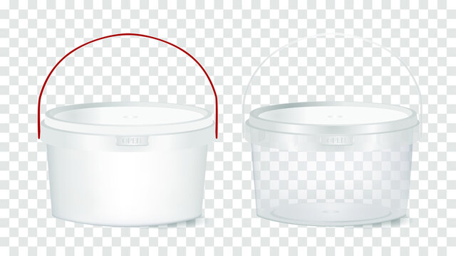 A set of mock-ups of plastic containers (transparent and white) with handles, with a capacity of 0.5, 0.8 or 1.5 liters for food products on a transparent background. Vector illustration.