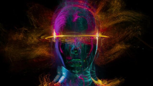 Abstract silhouette of a face on fire, animation of the movement of light	
