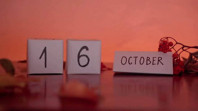 Cube calendar with an important date of October 16th with maple leaves and berries on the desk. Autumn Season. World Food Day and World Anaesthesia Day