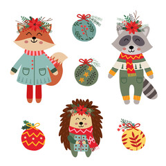 set of isolated Christmas fox, raccoon, hedgehog © nataka