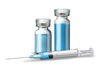 Medical syringe with blue liquid and medicine ampoules and vials.