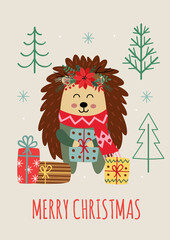 Christmas card with hedgehog and gifts