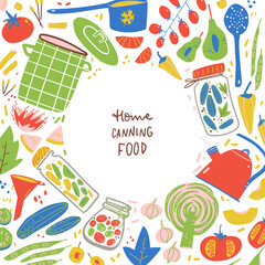 Home canning doodle frame. Food, kitchen equipment, jars, fruits and vegetables.