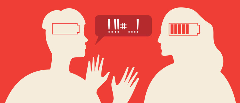Couple conflict, psychological problems, flat vector stock illustration with negative emotions, stress and swearing, emotional dispus of people
