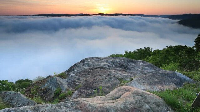 early morning spring sunrise on a sea of clouds covering the New River Gorge National Park in West Virginia.