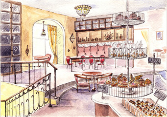 watercolor illustration of cafe cozy