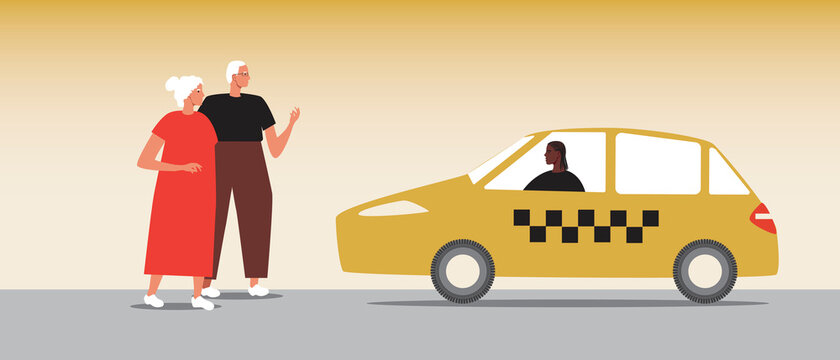 Old couple by taxi, taxi order, Flat vector stock illustration with taxi driver and old man and woman date