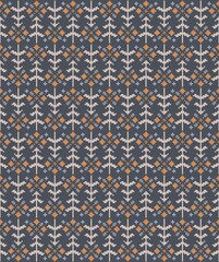 Seamless pattern with firs and flowers in scandinavian folk style. Pixel emboidery effect. Stock illustration for web and print, wallpaper, background, textile, scrapbooking and wrapping paper.