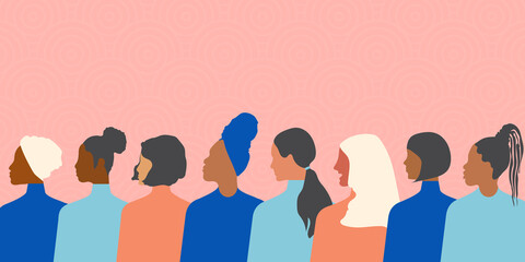 Modern women of different nationalities and religions stick together and fight for equal rights. Postcard with LGBT community concept with pink background. 
