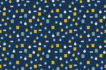 Seamless festive christmas background with tree decorations, gift boxes and stars Simple background with christmass mood for web, print, background, wallpaper, scrapbooking, wrapping paper, textile