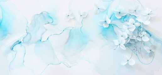 Creative image of pastel blue Hydrangea flowers on artistic ink background. Top view with copy space