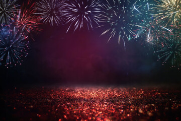 abstract black and gold glitter background with fireworks. christmas eve, 4th of july holiday...