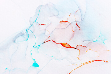 art photography of abstract fluid alcohol ink painting, blue, red and turquoise colors with paper texture