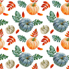 Seamless watercolor autumn pattern with pumpkinsl, eaves, rowan, dusty miller. Decor for weddings, holidays, cards, gift paper, fabric