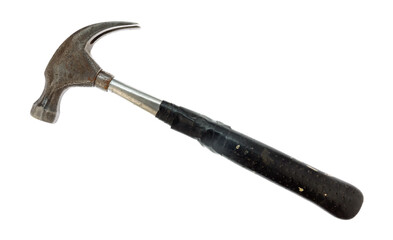 Old used small hammer with black tape on the handle.