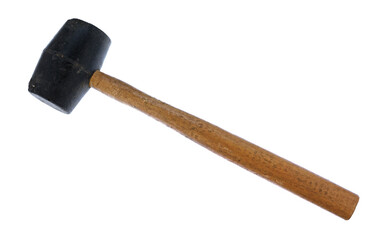 Old wood handled black rubber mallet isolated on a white background. - 461491111