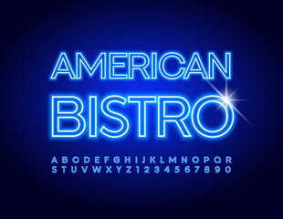 Vector Neon Banner American Bistro. Blue Illuminated Font. Artistic Alphabet Letters and Numbers set