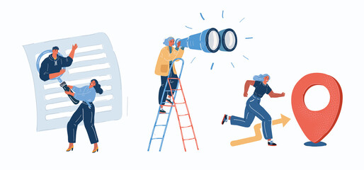 Fototapeta premium Vector illustration of people looking and focus on problem to find solution, successful business goal achievement. Searching and achieve goals and destination.