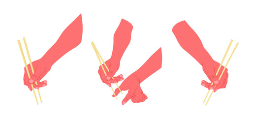 Set of Hands with chopsticks for sushi, Asian food isolated on white background. Vector illustration in flat style. 