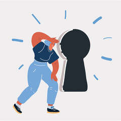 Vector illustration of woman looking through big keyhole. Symbol of innovation, opportunity, success