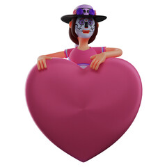 Sugar Skull Cartoon Illustration standing behind a big pink heart