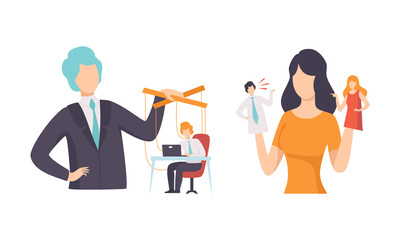 Manipulation of People with Tiny Man with Strings Controlled by Someone Vector Set