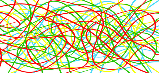 Cartoon, comic chaos, chaotic wavy line pattern, mesh, seamless. Kris, scratch drawn together. Flat vector draw wave stripe lines. Color: red, blue, yellow, green.