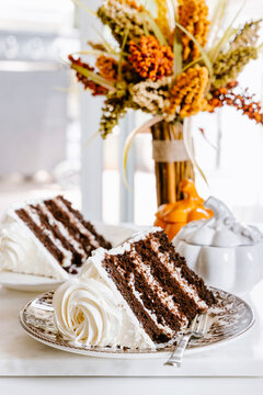 Chocolate vanilla layer cake on a plate with a cake fork