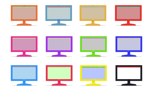 Vector set of modern monoblock desktop computers with blank screen isolated on transparent background