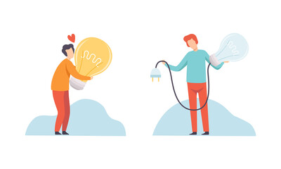 Creative Idea Searching with Business Man with Huge Light Bulb Vector Set