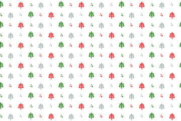 Seamless Christmas vector background with colored elements on white. Christmas trees red, green and gray and stars. New year design element