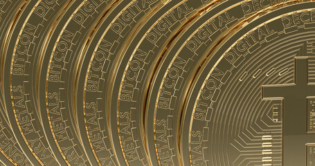 3d render many gold bitcoins one after another, cryptobusiness background,growth of bitcoin