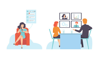 People Character Using Global Network Connection Vector Set