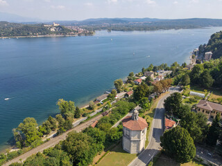 Drone view at the village of Arona on lake Maggiore, Italy