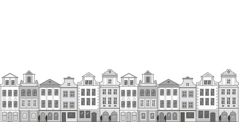 Houses in the style of Amsterdam, Prague. European architecture. Stylized facades of old buildings. Vector illustration for a poster, banner, postcard.
